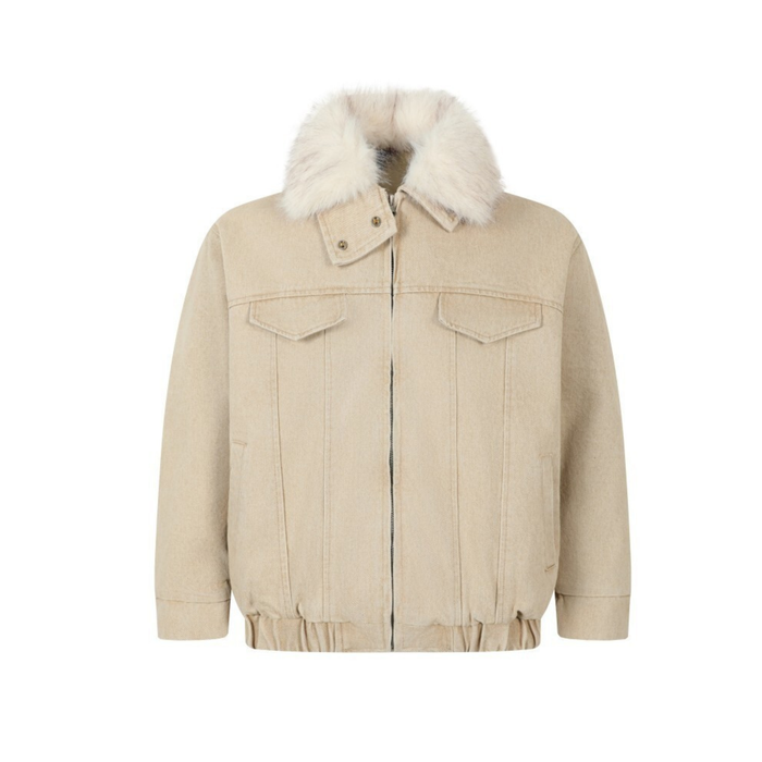 Beige denim jacket with detachable white faux fur collar, front view