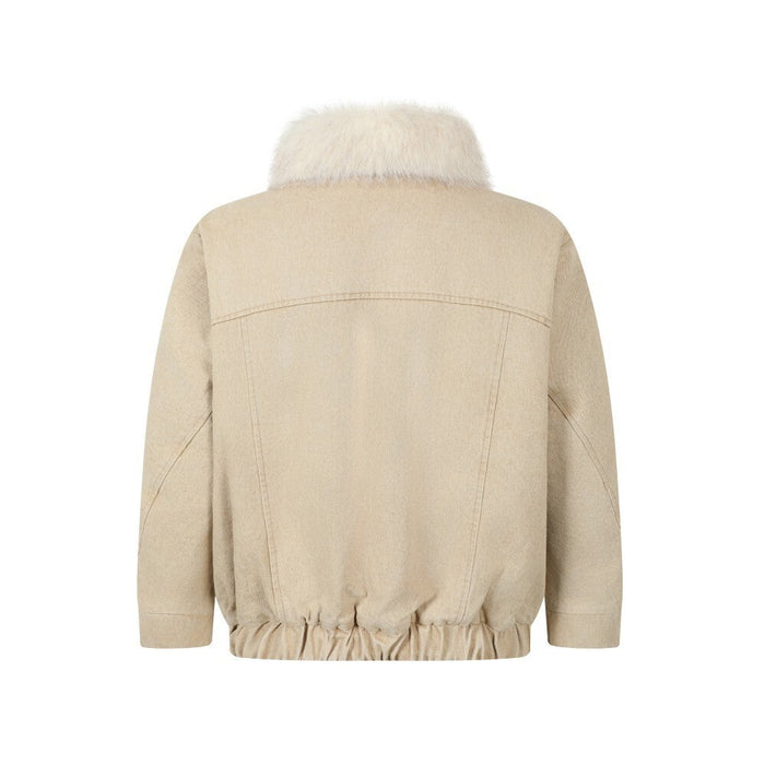 Beige denim jacket back view with white faux fur collar and elastic hem