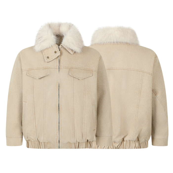 Beige denim jacket front and back views with detachable white faux fur collar