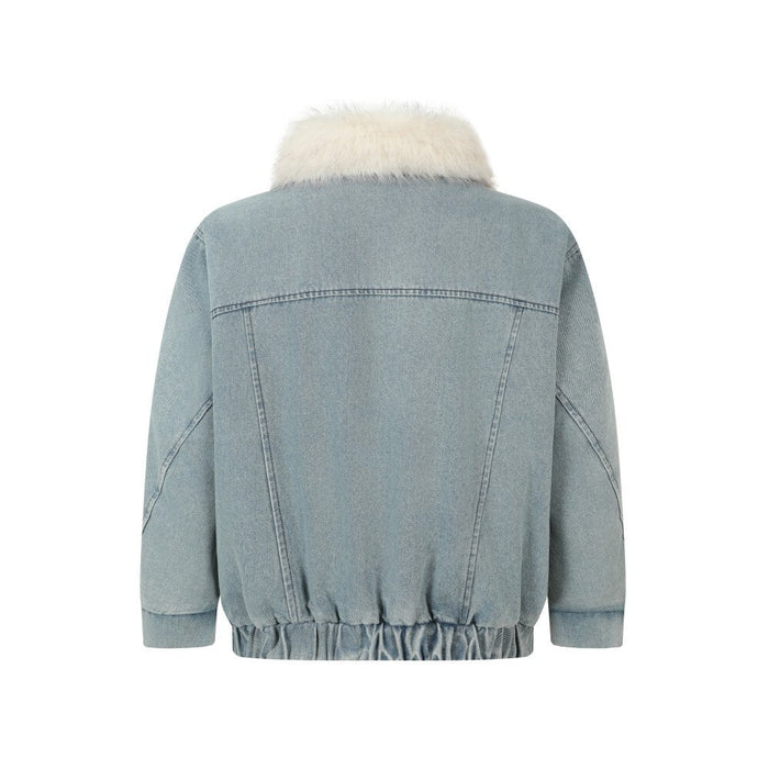 Light blue denim jacket back view with white faux fur collar and elastic hem