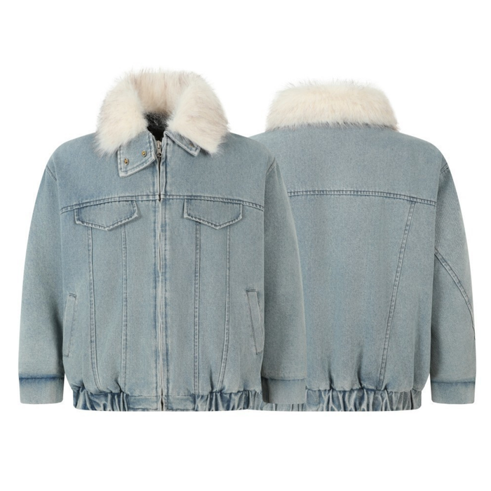 Light blue denim jacket front and back views with detachable white faux fur collar