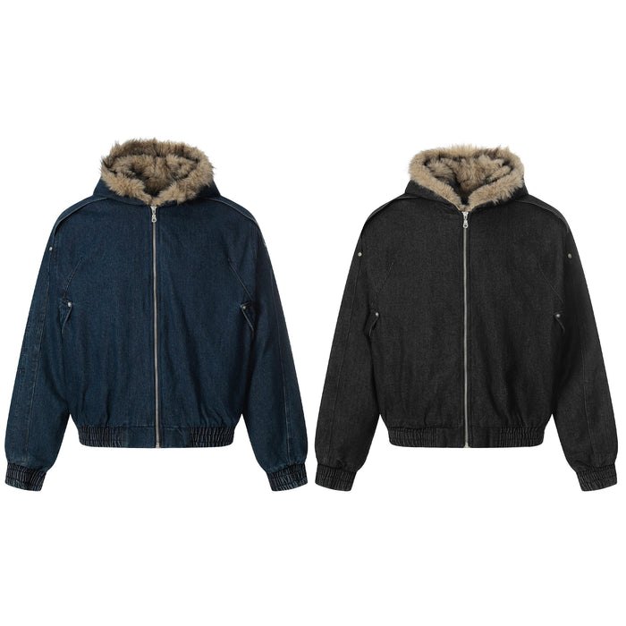 Omirad detachable faux-fur collar denim bomber jacket in deep indigo and washed black, front view side by side