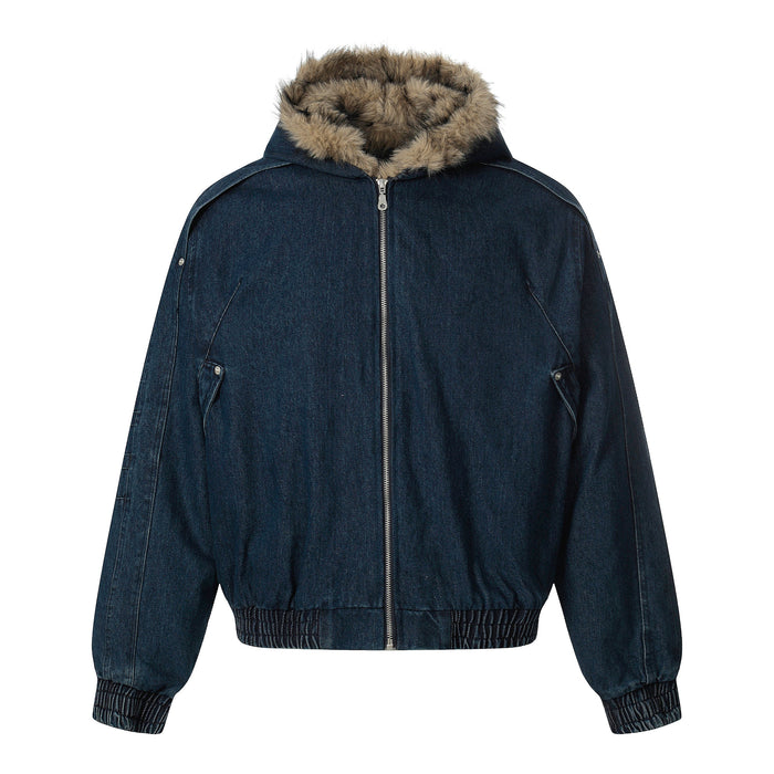 Deep indigo denim bomber jacket front view with detachable fur collar and zip closure