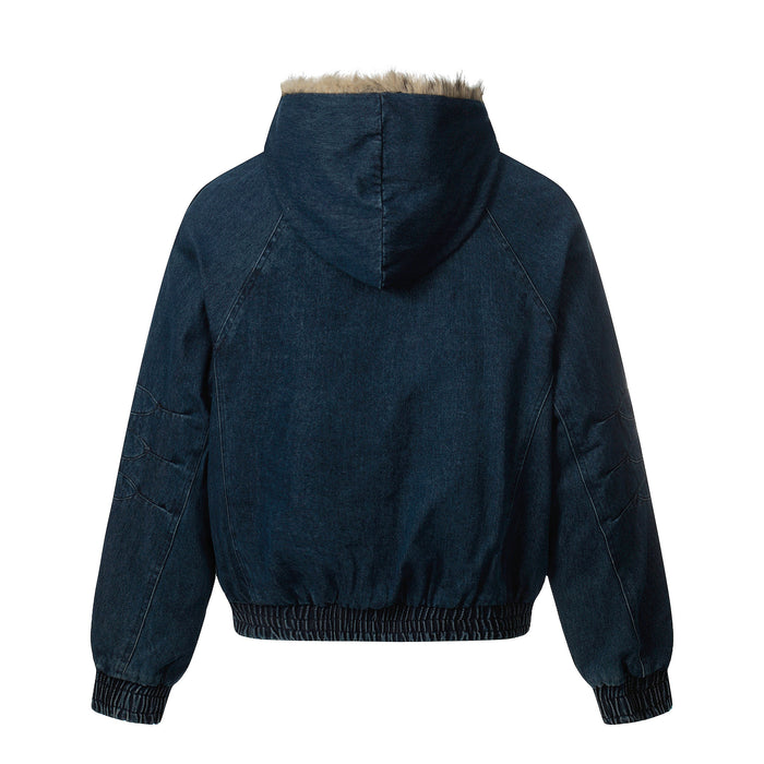 Deep indigo denim bomber jacket back view with hood and ribbed hem
