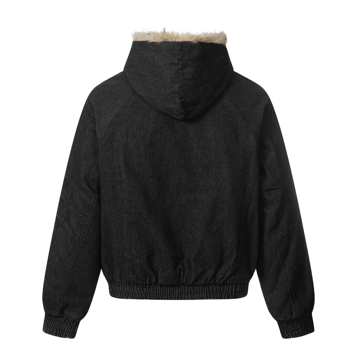 Washed black denim bomber jacket back view with hood and ribbed hem
