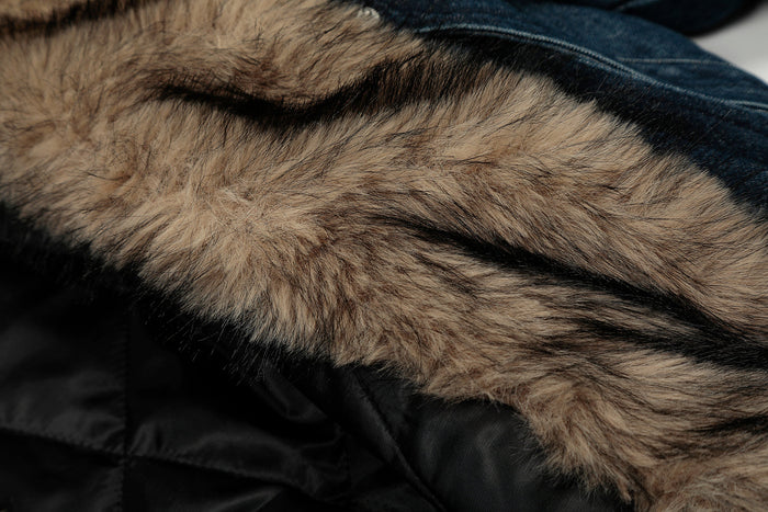 Close-up of detachable fur collar lining in tan and black trim