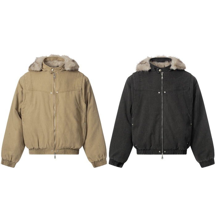 Tan washed workwear bomber jacket with detachable faux fur hood collar, front zip closure and elasticated cuffs