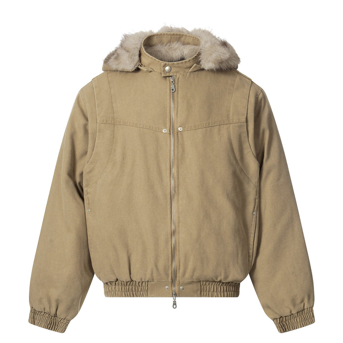 Tan bomber jacket front view with detachable faux fur collar and front zipper
