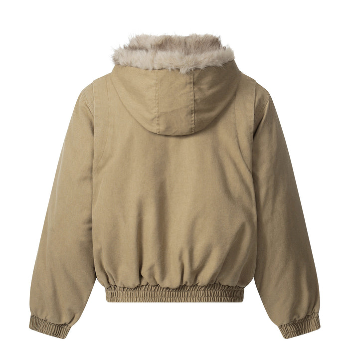 Tan bomber jacket back view with faux fur collar and hood detail