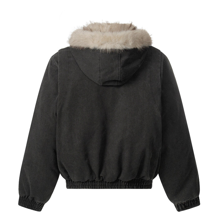 Black bomber jacket back view with large faux fur collar and hood