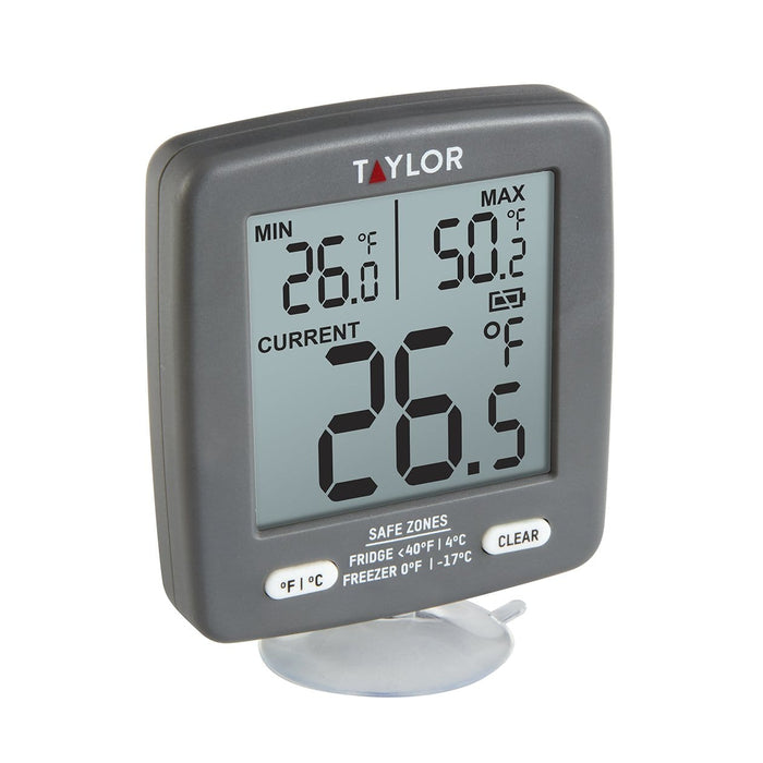 Taylor digital fridge freezer thermometer with stand showing min 26 F max 50.2 F and current reading on the display.