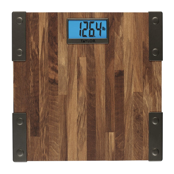 Woodgrain farmhouse digital bathroom scale with blue backlit display reading 126.4 lb
