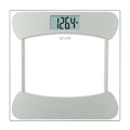 Digital glass scale with stainless steel frame and large display showing 126.4 lb.