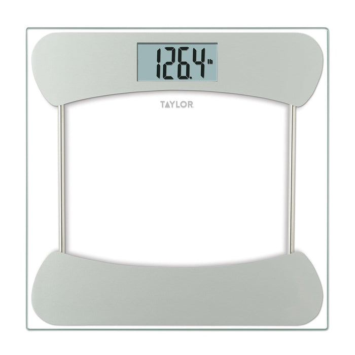 Digital glass scale with stainless steel frame and large display showing 126.4 lb.