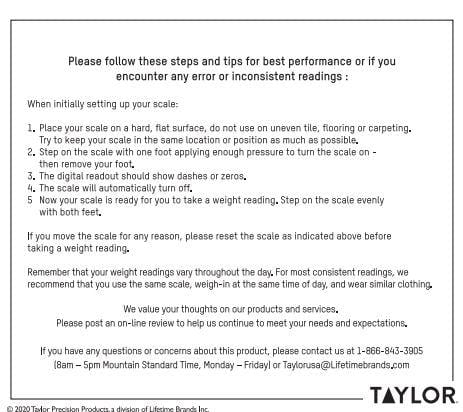 Close up of the same scale setup instructions sheet with steps and a Taylor logo.
