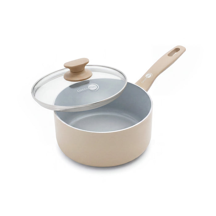 Taupe ceramic saucepan with long handle and glass lid, 2.25-quart size.