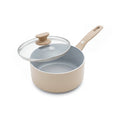 Taupe ceramic saucepan with long handle and glass lid, 2.25-quart size.