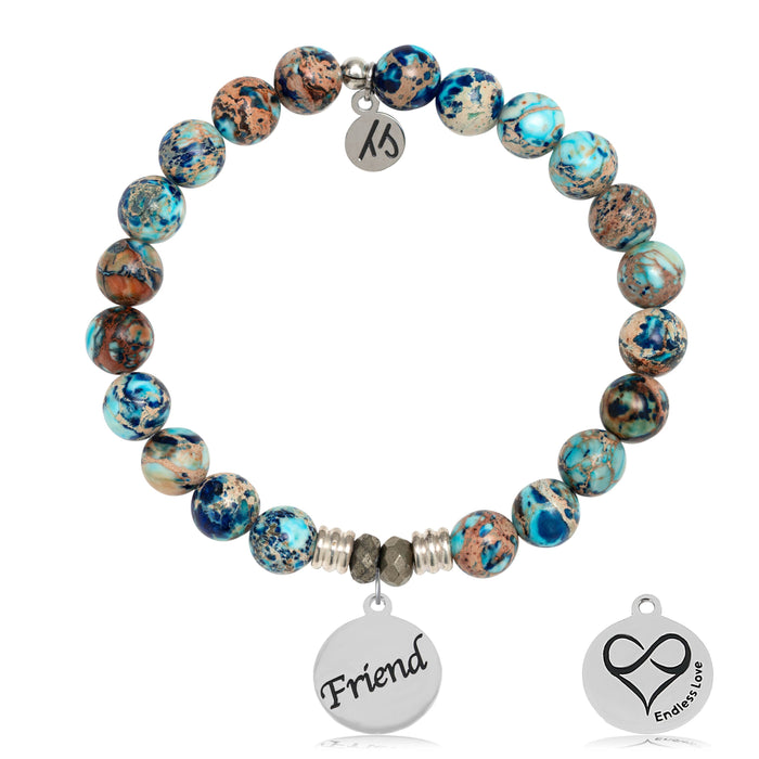 Earth Jasper Stone Bracelet with Friend Sterling Silver Charm