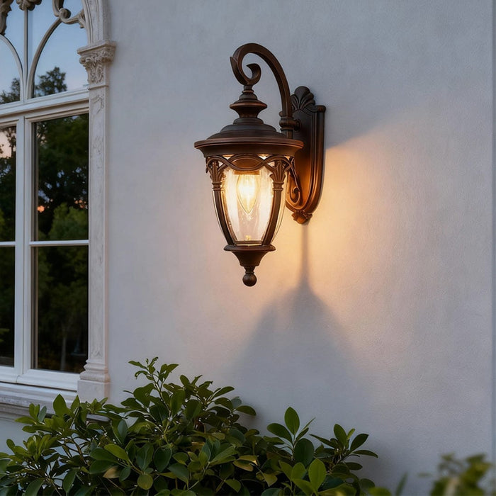 European Ornate Outdoor Wall Lantern Black Aluminum Glass E26 IP44 Hardwired | NordaLight