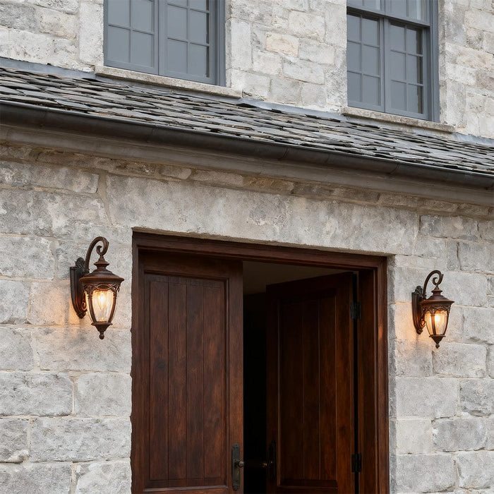 European Ornate Outdoor Wall Lantern Black Aluminum Glass E26 IP44 Hardwired | NordaLight