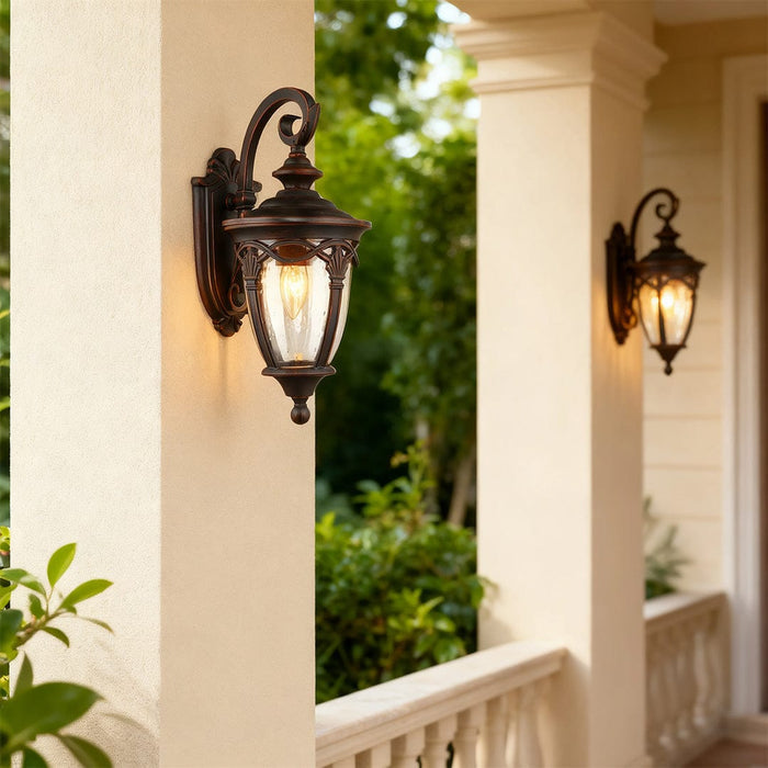 European Ornate Outdoor Wall Lantern Black Aluminum Glass E26 IP44 Hardwired | NordaLight