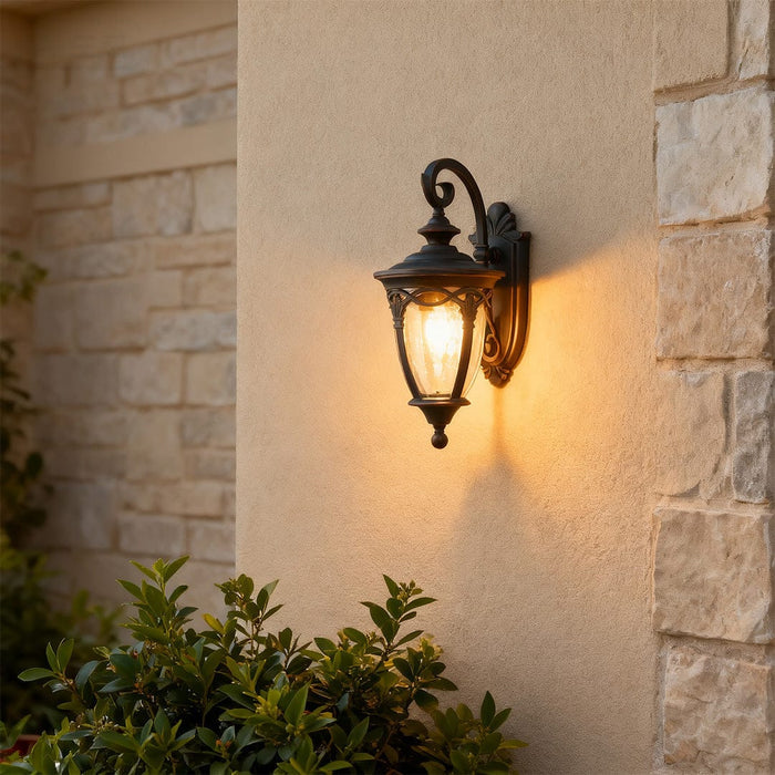 European Ornate Outdoor Wall Lantern Black Aluminum Glass E26 IP44 Hardwired | NordaLight