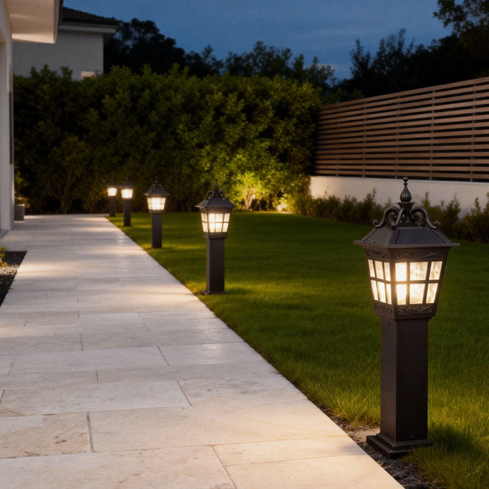 European Style External Post Light Coffee Aluminum Glass Lantern 12W 43 Inch Courtyard Garden | NordaLight