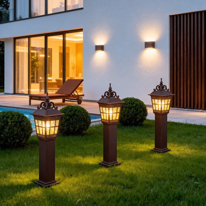 European Style External Post Light Coffee Aluminum Glass Lantern 12W 43 Inch Courtyard Garden | NordaLight
