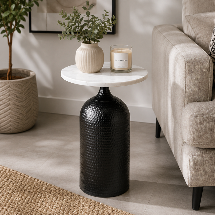 Expobazaar Black Metal Side Table with Marble Top