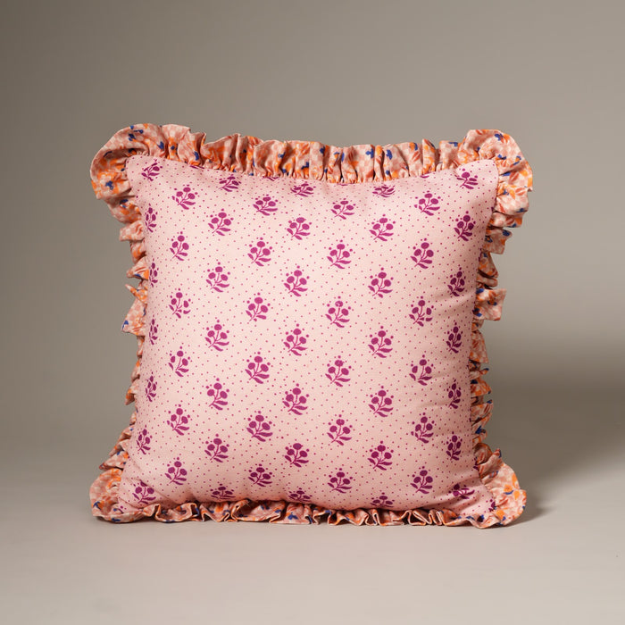 Blush Berry Ruffle Cotton Cushion in pink