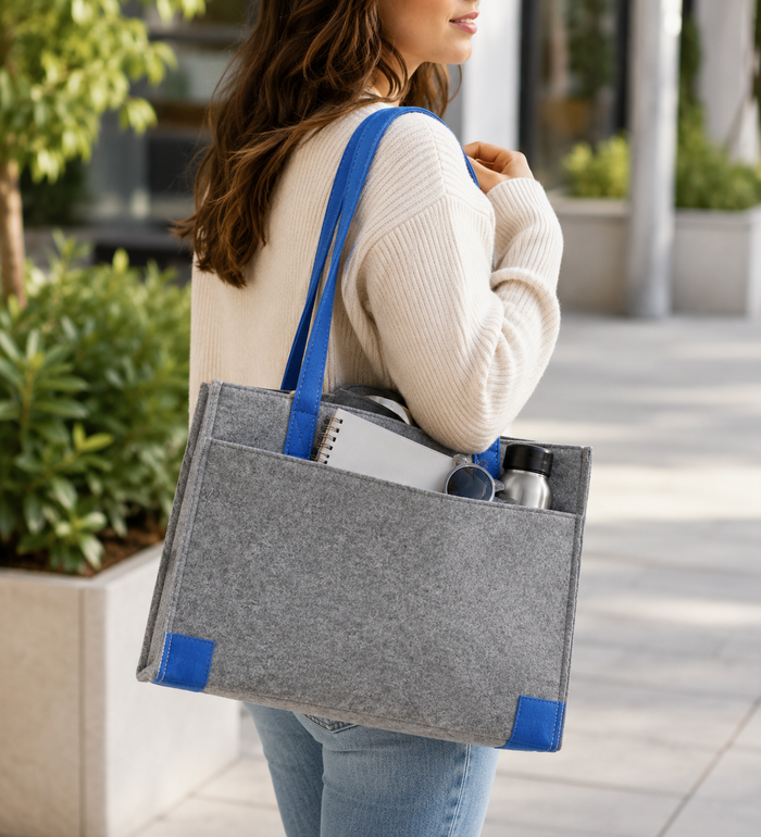 Expobazaar Modern Grey Felt Handbag with Blue Accents