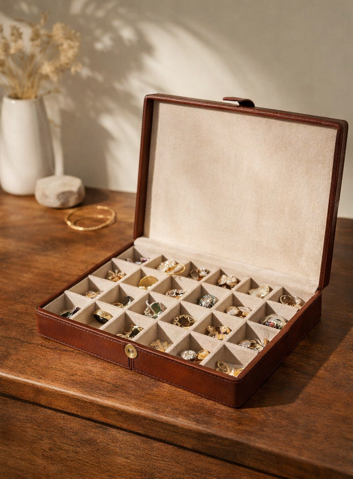 Expobazaar Premium Tan Leather Cufflink Organizer with Elegant Design