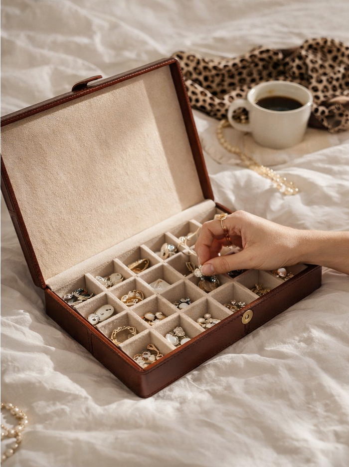 Expobazaar Premium Tan Leather Cufflink Organizer with Elegant Design