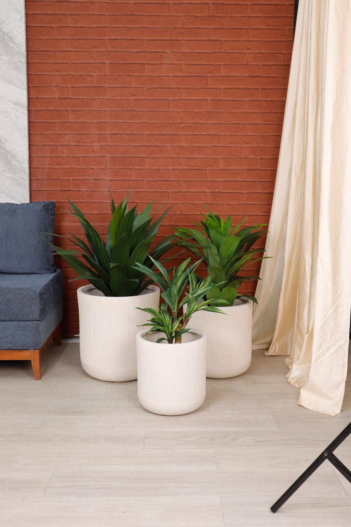 Expobazaar Ribbed Grey Cylindrical Stone‑Finish Large Planter