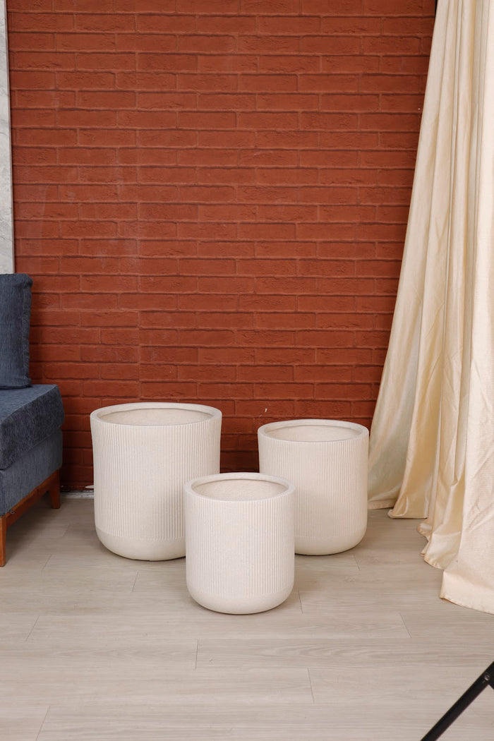 Expobazaar Ribbed Grey Cylindrical Stone‑Finish Large Planter