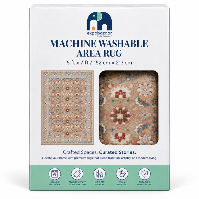 Expobazaar Washable Beige Blue Persian Floral Rug | Rug in a Box