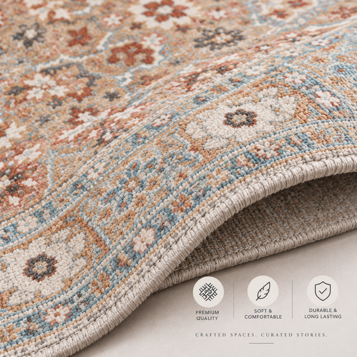 Expobazaar Washable Beige Blue Persian Floral Rug | Rug in a Box