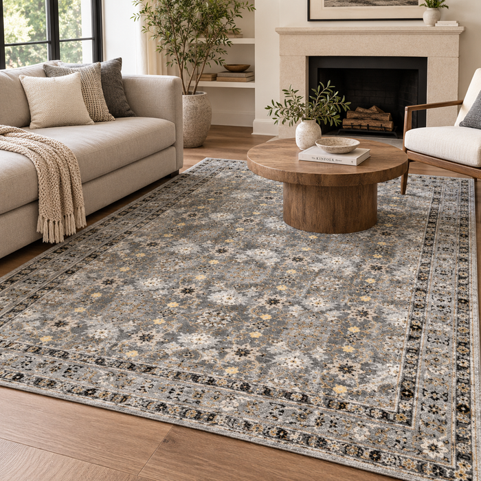 Expobazaar Washable Grey Taupe Persian Floral Rug | Rug in a Box