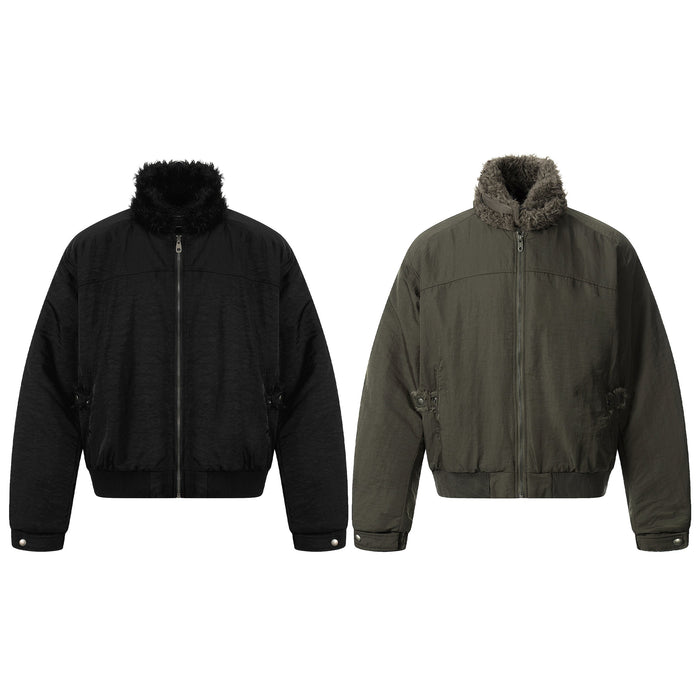 Black oversized nylon bomber jacket with plush faux fur collar, front zip closure, and ribbed hem on white background