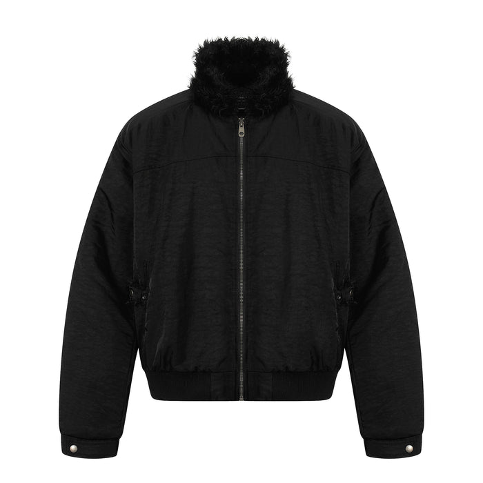 Black bomber jacket front view with faux fur collar, zip closure, and ribbed hem
