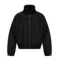 Black bomber jacket front view with faux fur collar, zip closure, and ribbed hem