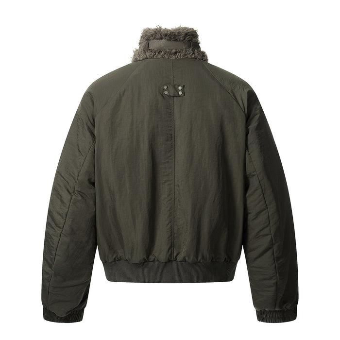 Olive green bomber jacket back view with faux fur collar and snap tab detail at the neck