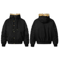 Black faux-fur hooded bomber jacket with gold snap buttons shown from front and back on white background
