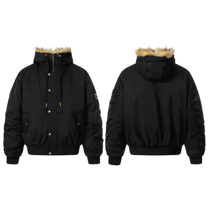 Black faux-fur hooded bomber jacket with gold snap buttons shown from front and back on white background