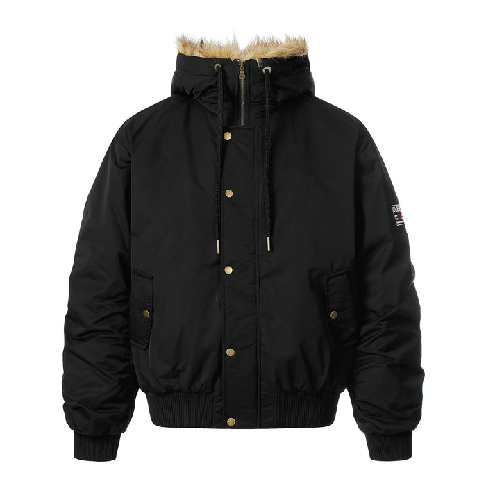 Black hooded bomber jacket front view with faux-fur trim, gold snap buttons, and drawstrings