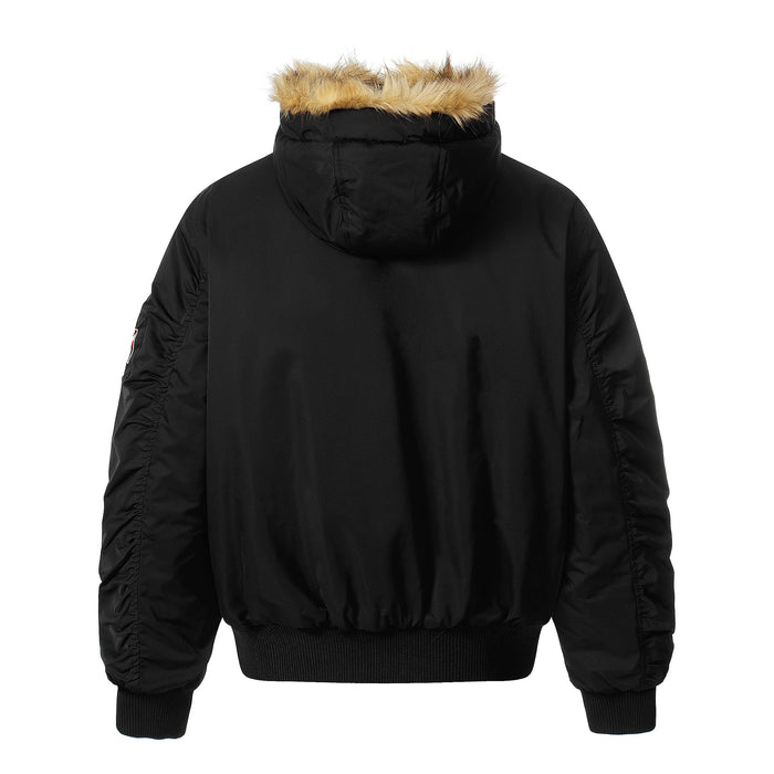 Black hooded bomber jacket back view with faux-fur trimmed collar and ribbed hem
