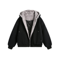 Black faux fur-lined hooded bomber jacket front view with zipper and ribbed hem