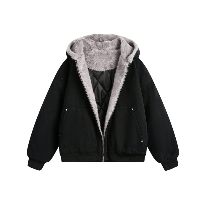 Black faux fur-lined hooded bomber jacket front view with zipper and ribbed hem