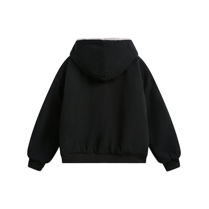Black bomber jacket back view with hood and ribbed cuffs and hem