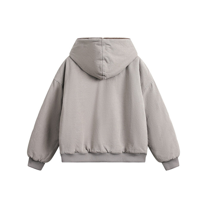 Gray bomber jacket back view with hood and ribbed hem